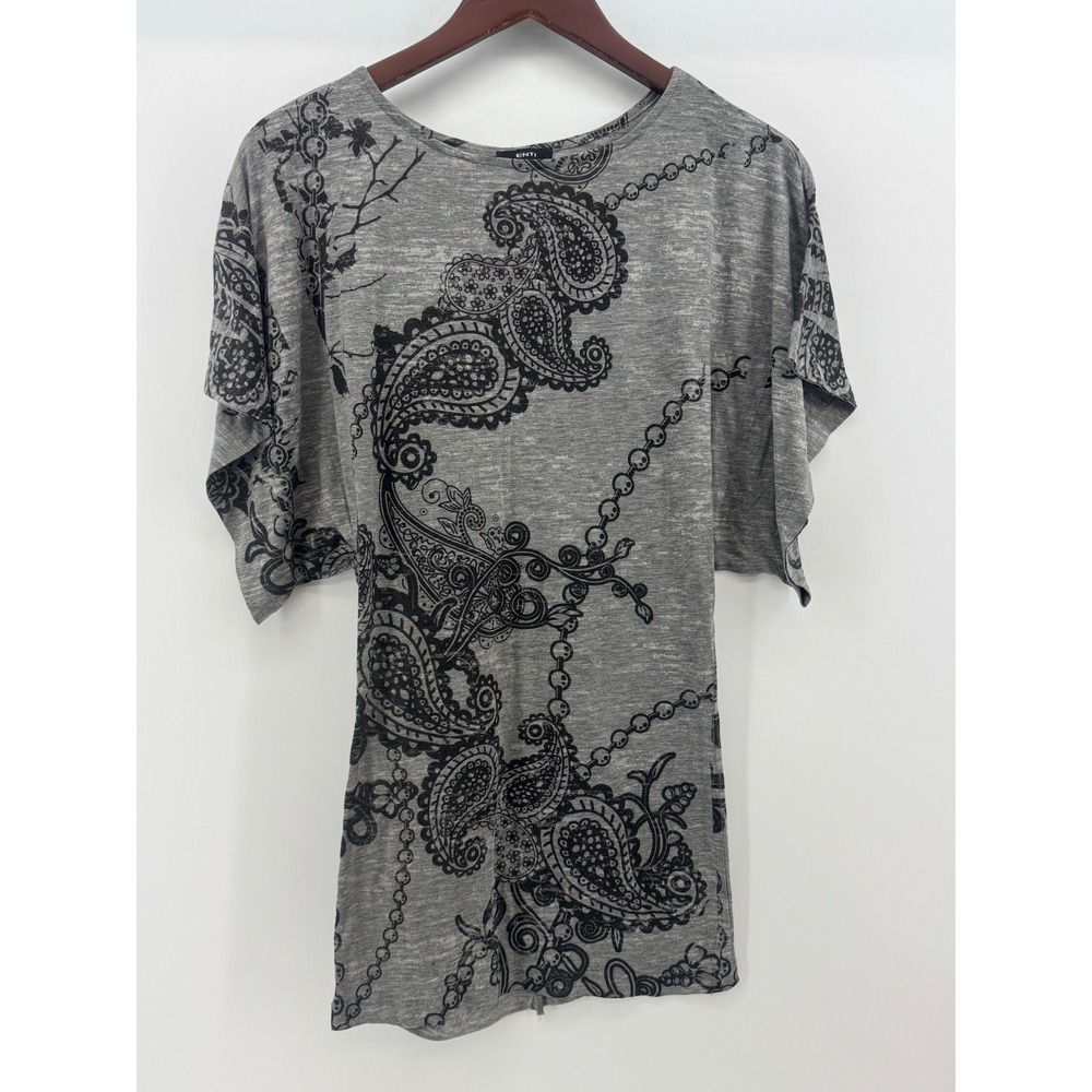 ENTI Women Gray Paisley Chain Print Dolman Sleeve Tunic Top Shirt‎